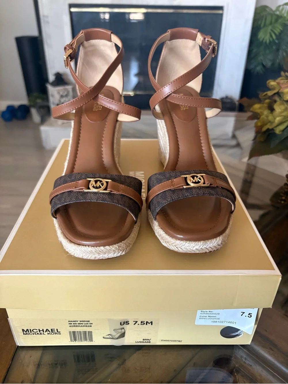 NWT! Michael Kors Brown Leather & Logo Espadrille Wedge Sandals